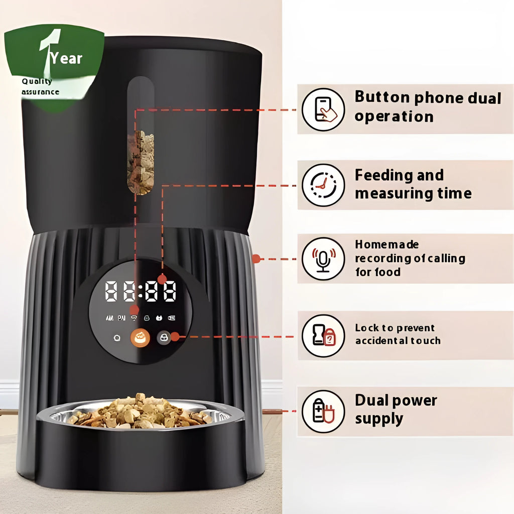 Black and white intelligent pet feeder with automatic timing and quantitative remote feeding via USB power