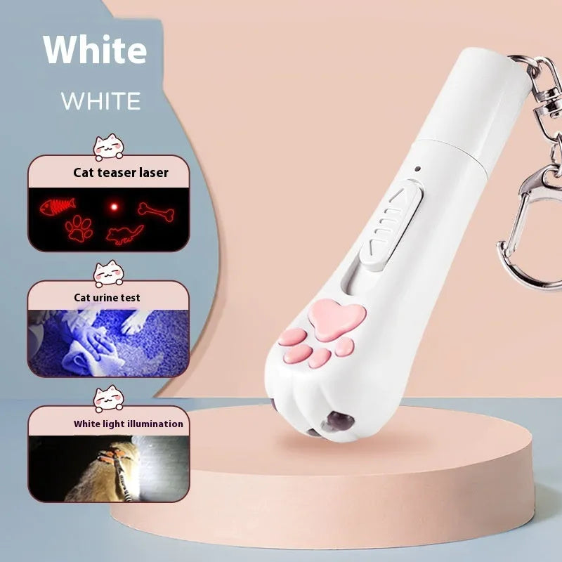 Rechargeable cat pen light toy with teaser attachment in pink, cream white, or sky blue