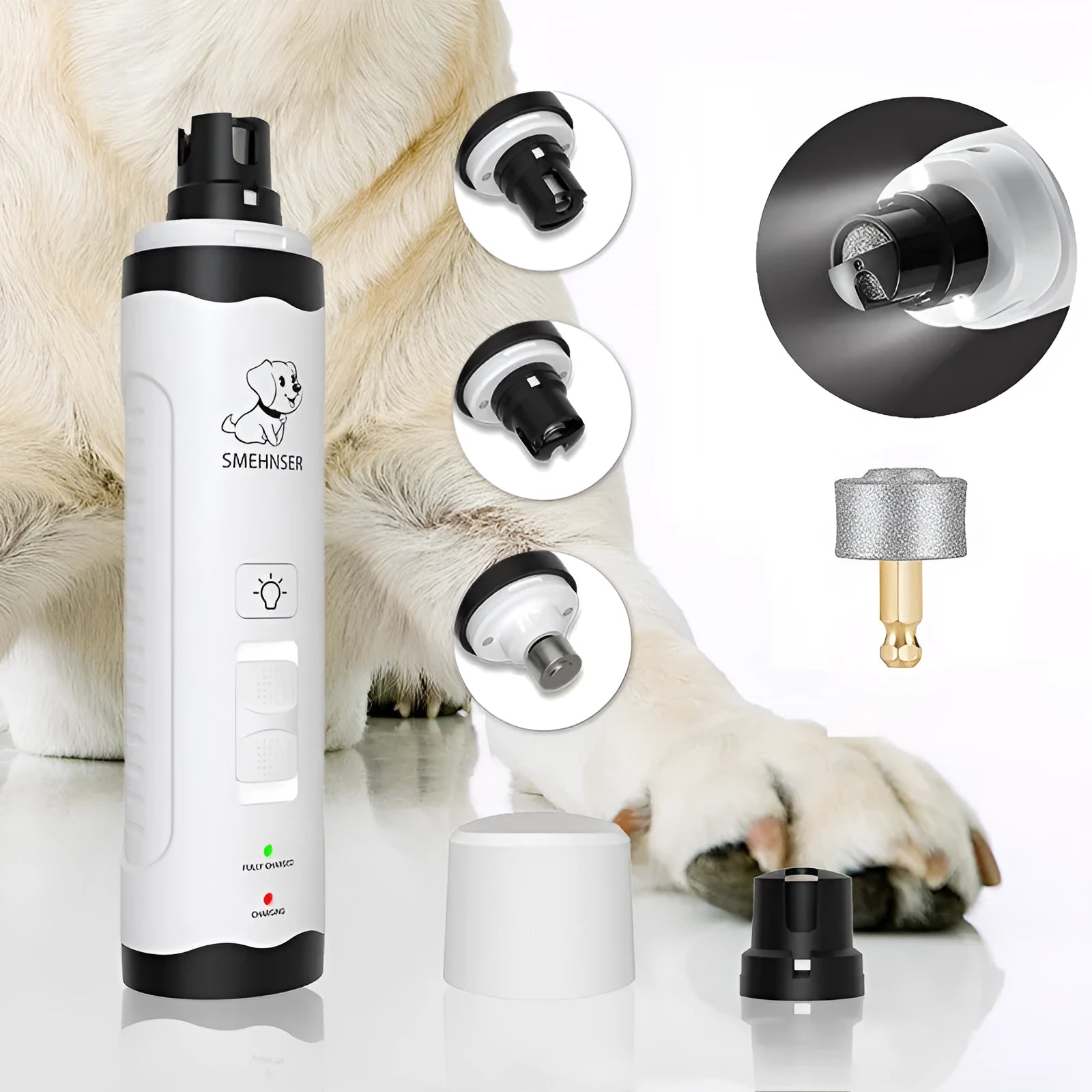 Electric dog nail trimming device with LED display showing speed settings and dust collection compartment