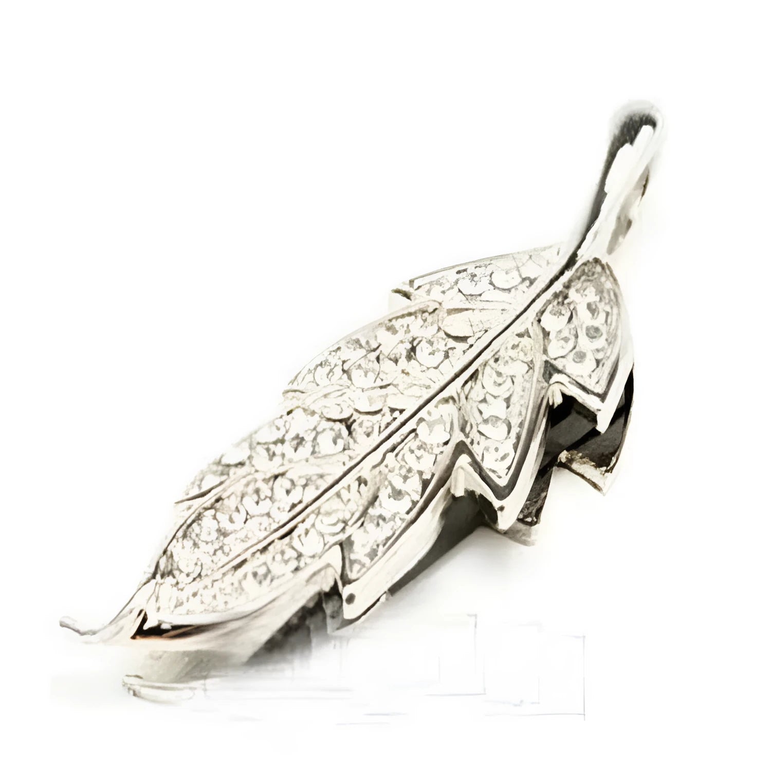 Silver metal USB flash drive with a crystal leaf decoration showing front view and size.