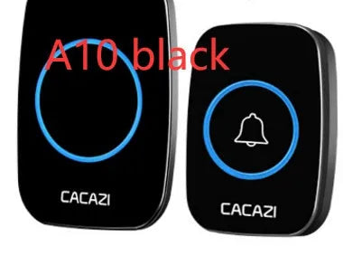 Wireless doorbell kit with plug-in receiver and battery-powered push button transmitter in black finish.