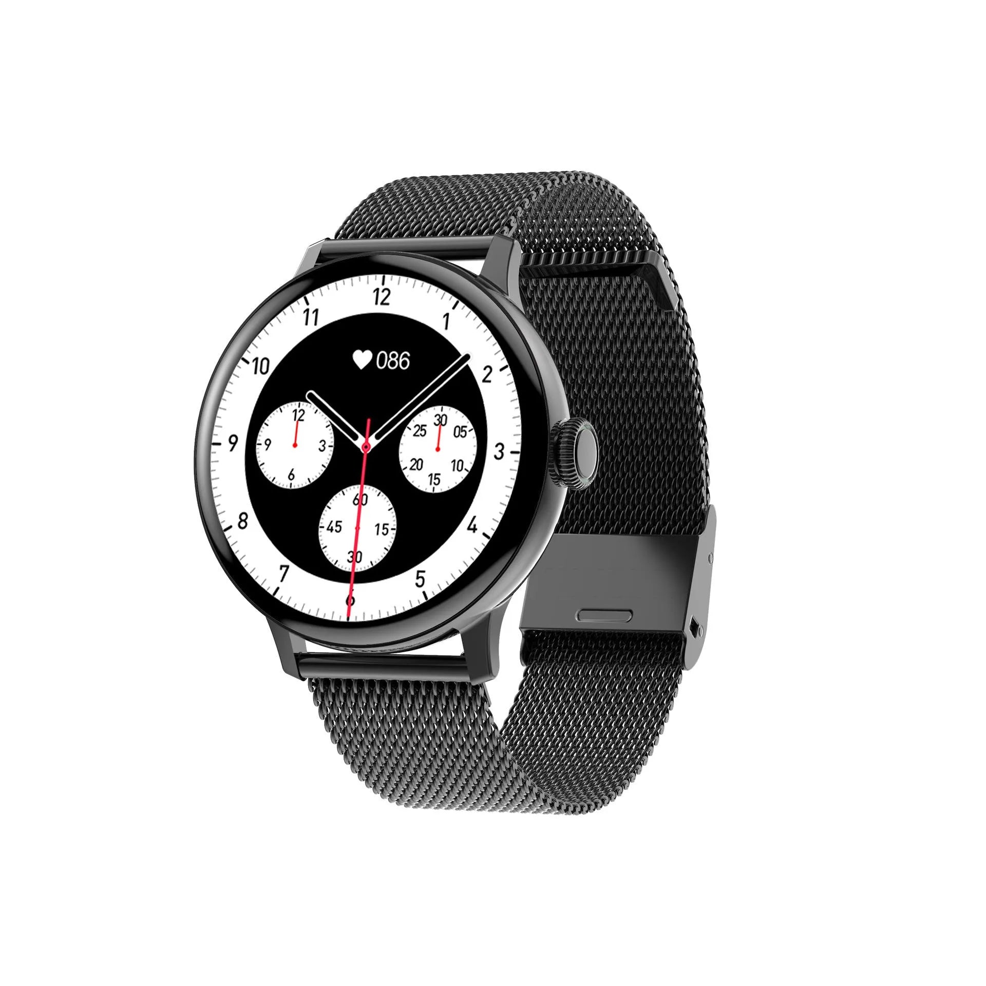 Bluetooth smart bracelet with round screen on a black metal bracelet strap, showing heart rate data.
