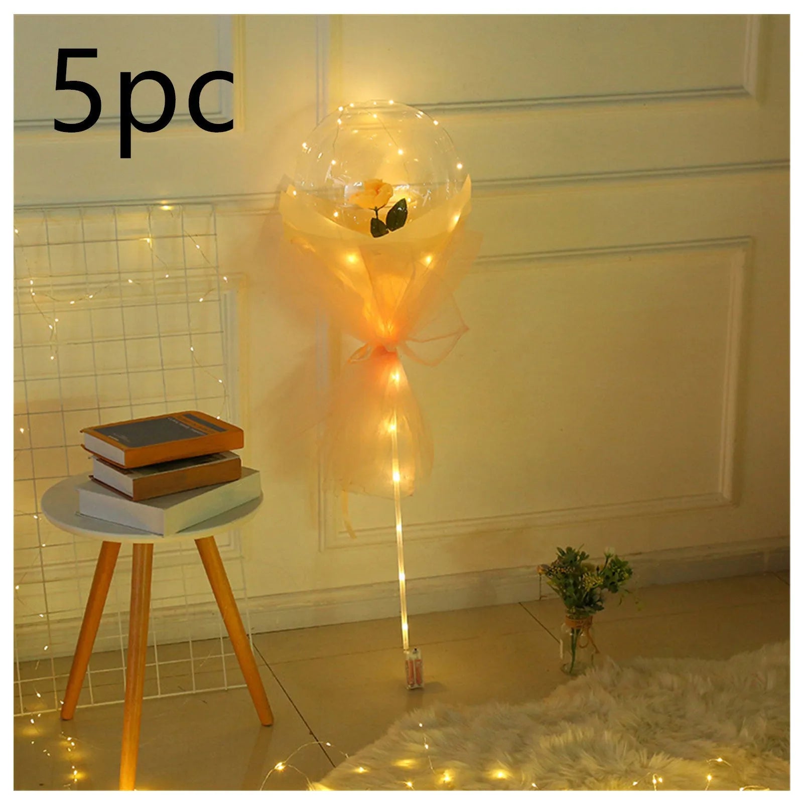 Transparent round LED luminous balloon rose bouquet with artificial flower and lights for DIY assembly