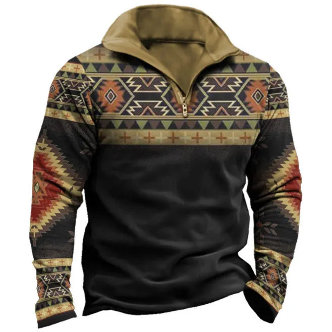 Men's retro colour print golf t-shirt with striped pattern and zipper details on long sleeve loose fit top
