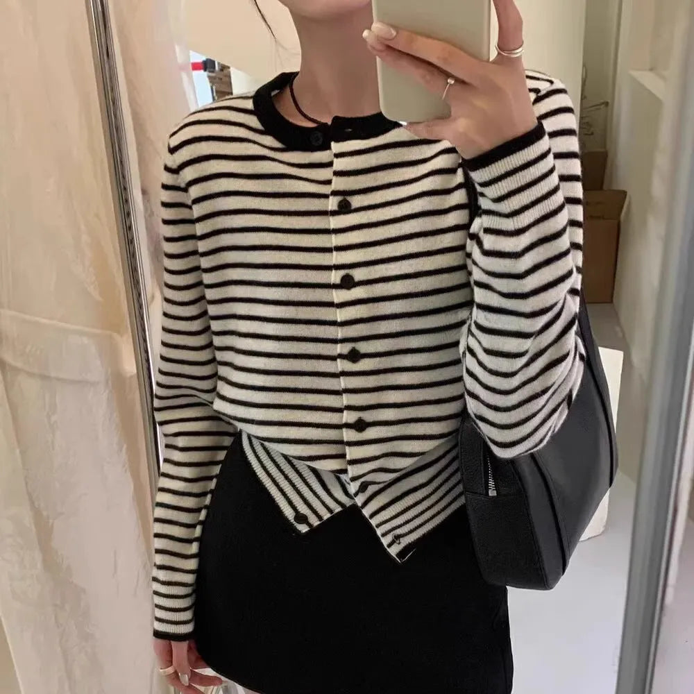 Dark grey and white striped viscose cardigan for women with French style design and slim fit