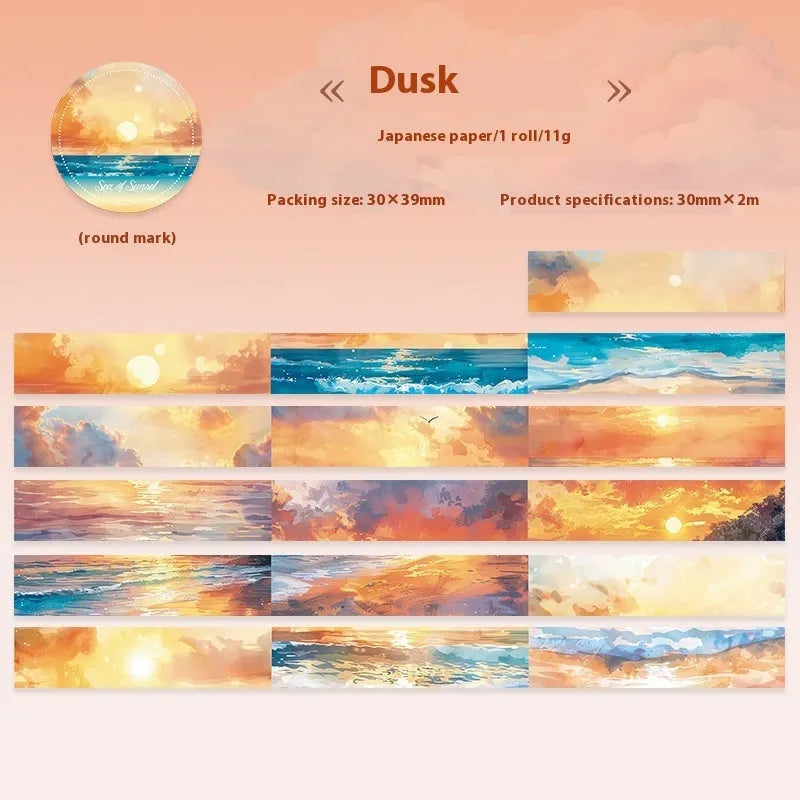 Roll of Japanese paper washi tape with sky theme patterns, showing 30mm width and 2m length.