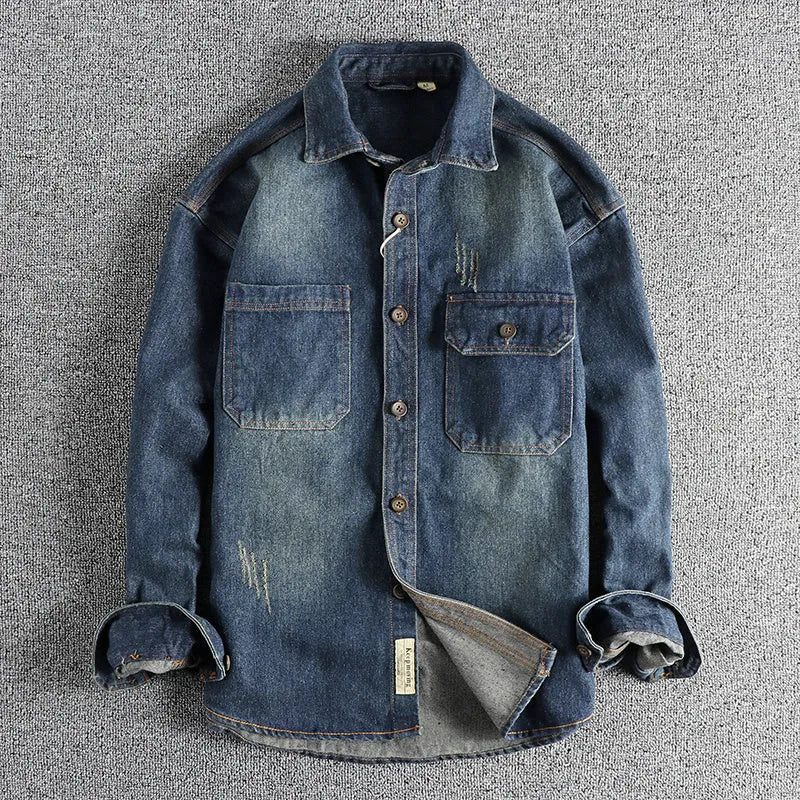 Men's washed vintage denim shirt in light blue loose fit cardigan style