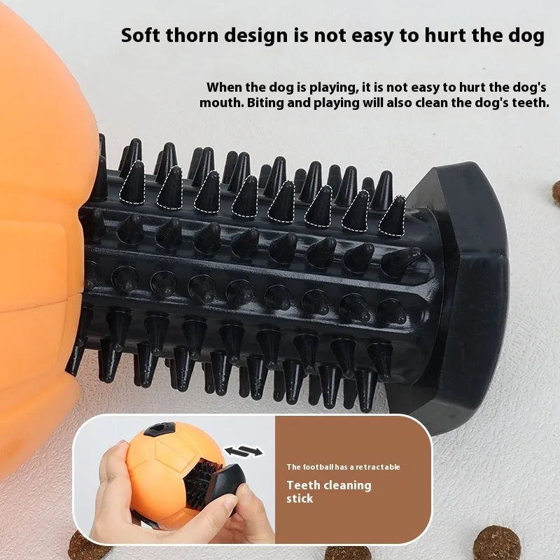 Orange and white TPR dog chew balls showing hollow and teeth cleaning stick styles
