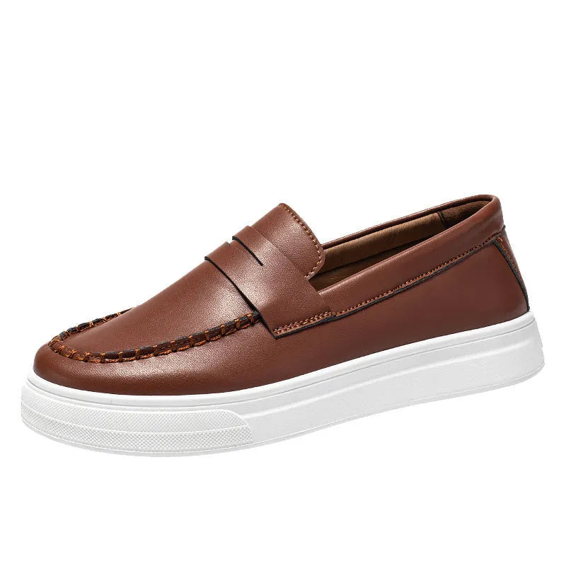 British style casual leather shoes in artificial PU material with round toe, shown in white colour