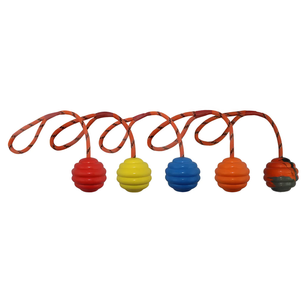 Rubber pet toy ball with rope knots in multiple colours for canine dental cleaning and training