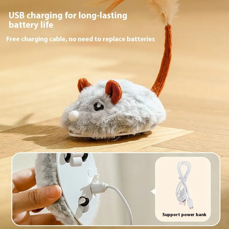 Electric moving cat toy with plush mouse on charging pole in dark grey, pink or purple colour