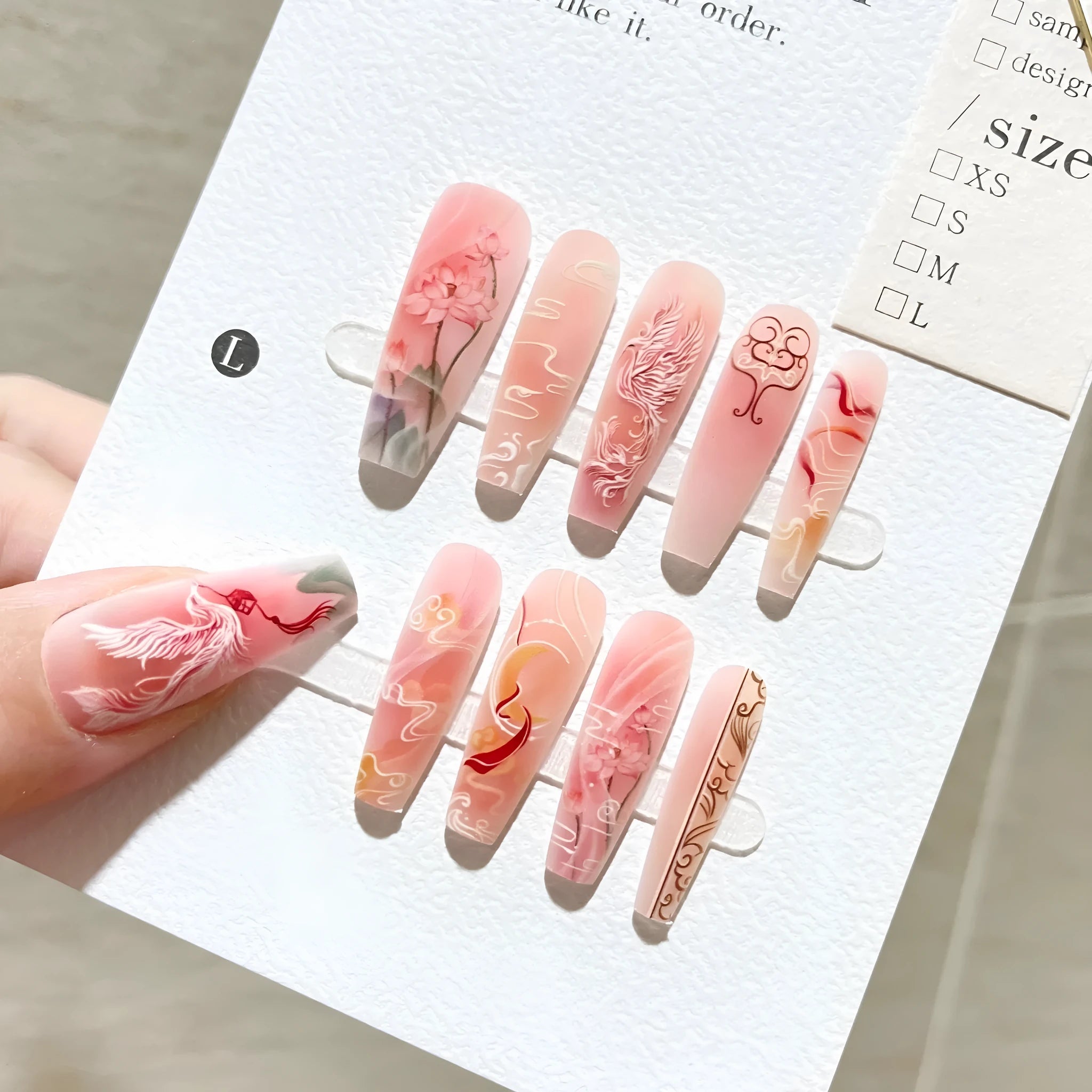 Nine tail fox ink painting long ladder glossy nail sticker set on hand showing retro affordable luxury style