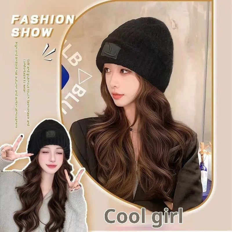 Hat women's big head small integrated fashion big wave full-head wig in protein filament cold brown colour