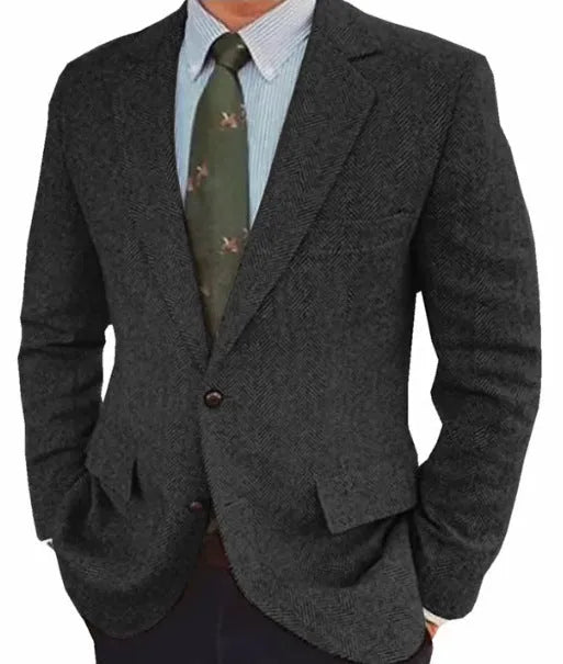 Men's brown herringbone business casual suit jacket with retro styling and long sleeves