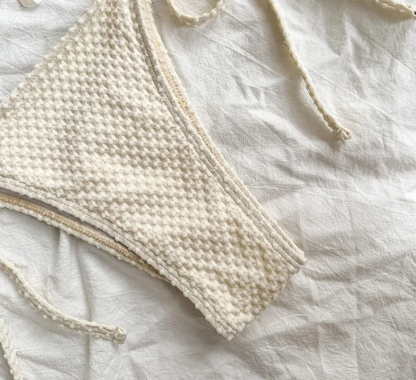 Women's halter lace-up bikini set in polyester, available in Milky White, Green, and White, sizes S to XL