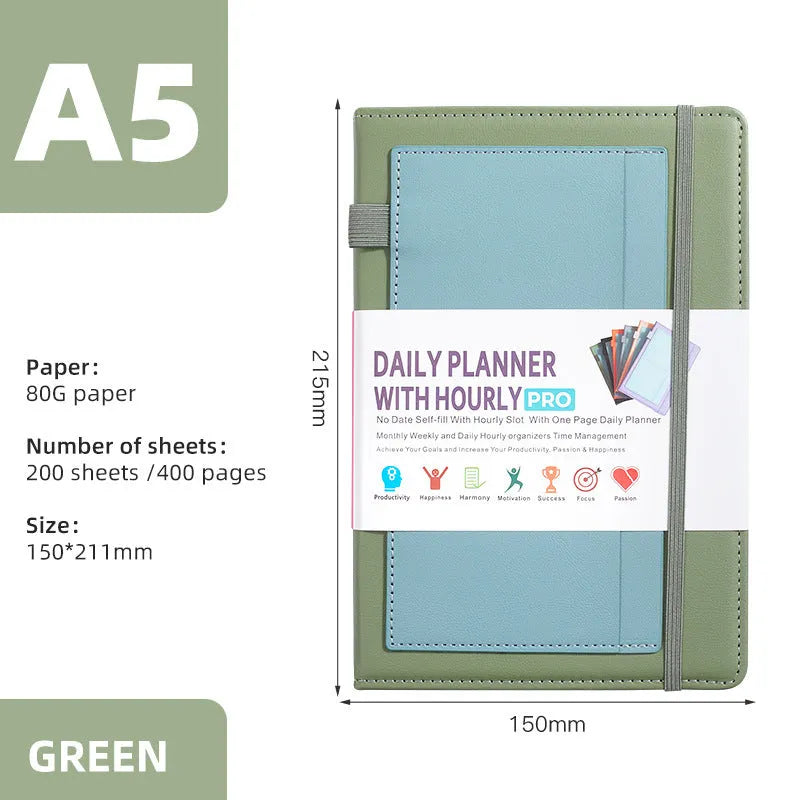 PU leather notebook with strap closure, shown open on 80g wood-free paper, available in purple, green, gray, black, pink, and orange.