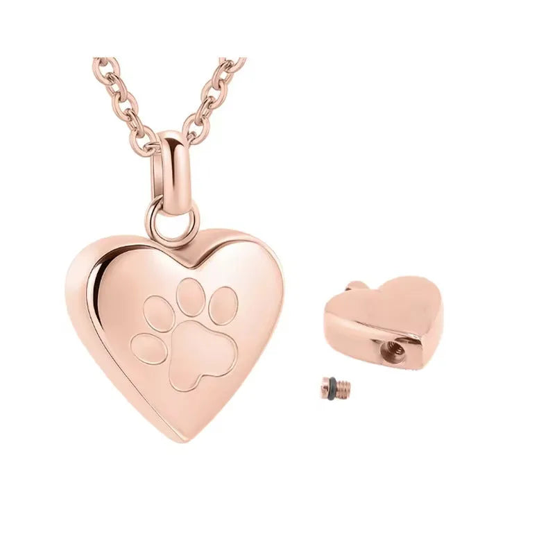 Titanium steel heart pendant casket necklace with love paw print design that opens for memorial ashes
