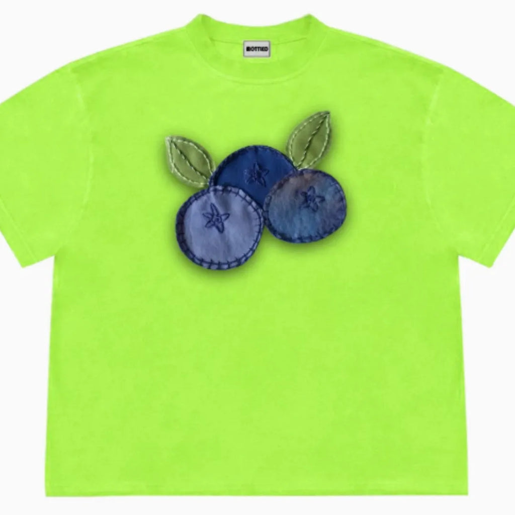 Blueberry patchwork fruit print t-shirt in ice oxygen cotton loose fit