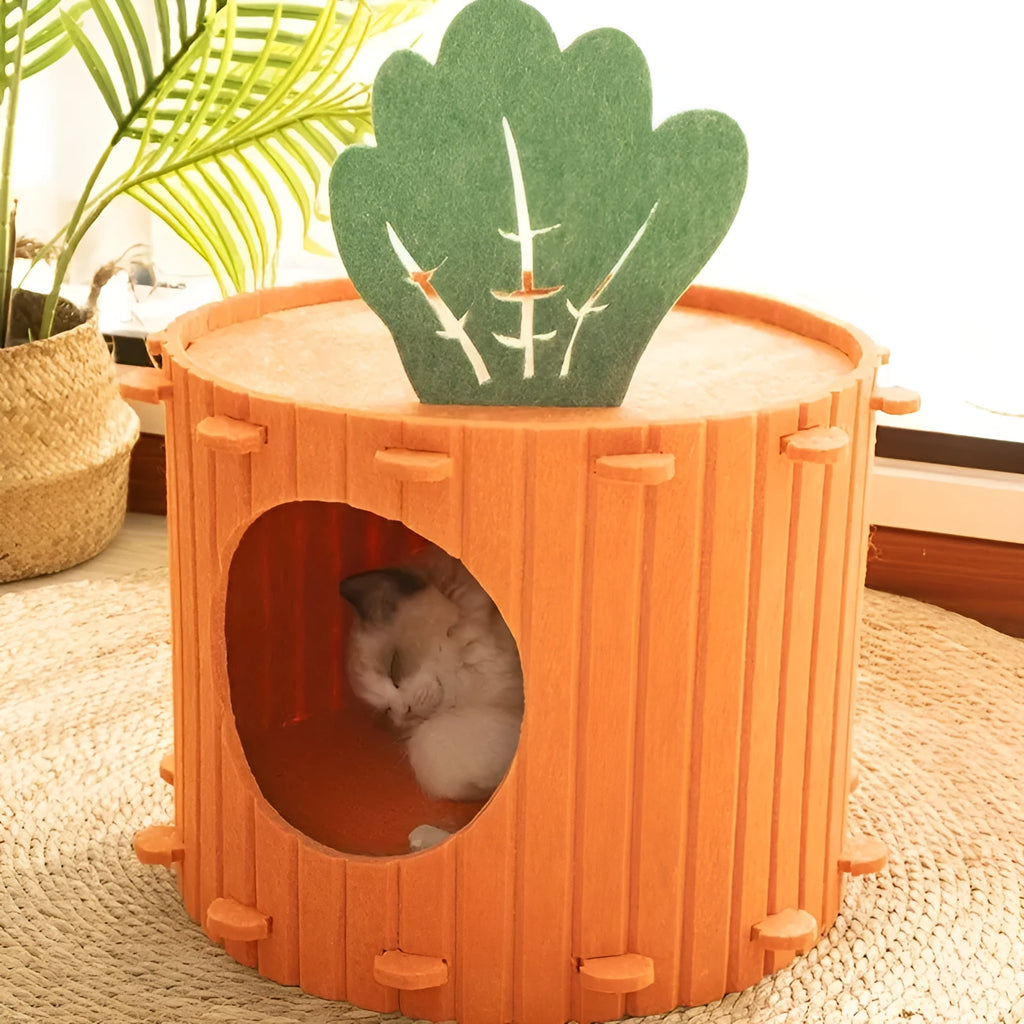Carrot-shaped semi-enclosed felt cat tunnel bed on a floor
