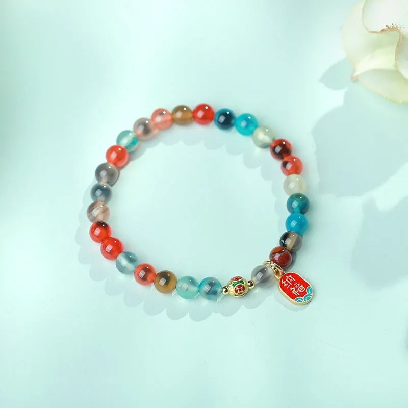 Natural colourful sugar heart agate and coloured glaze copper coin snake bracelet for women