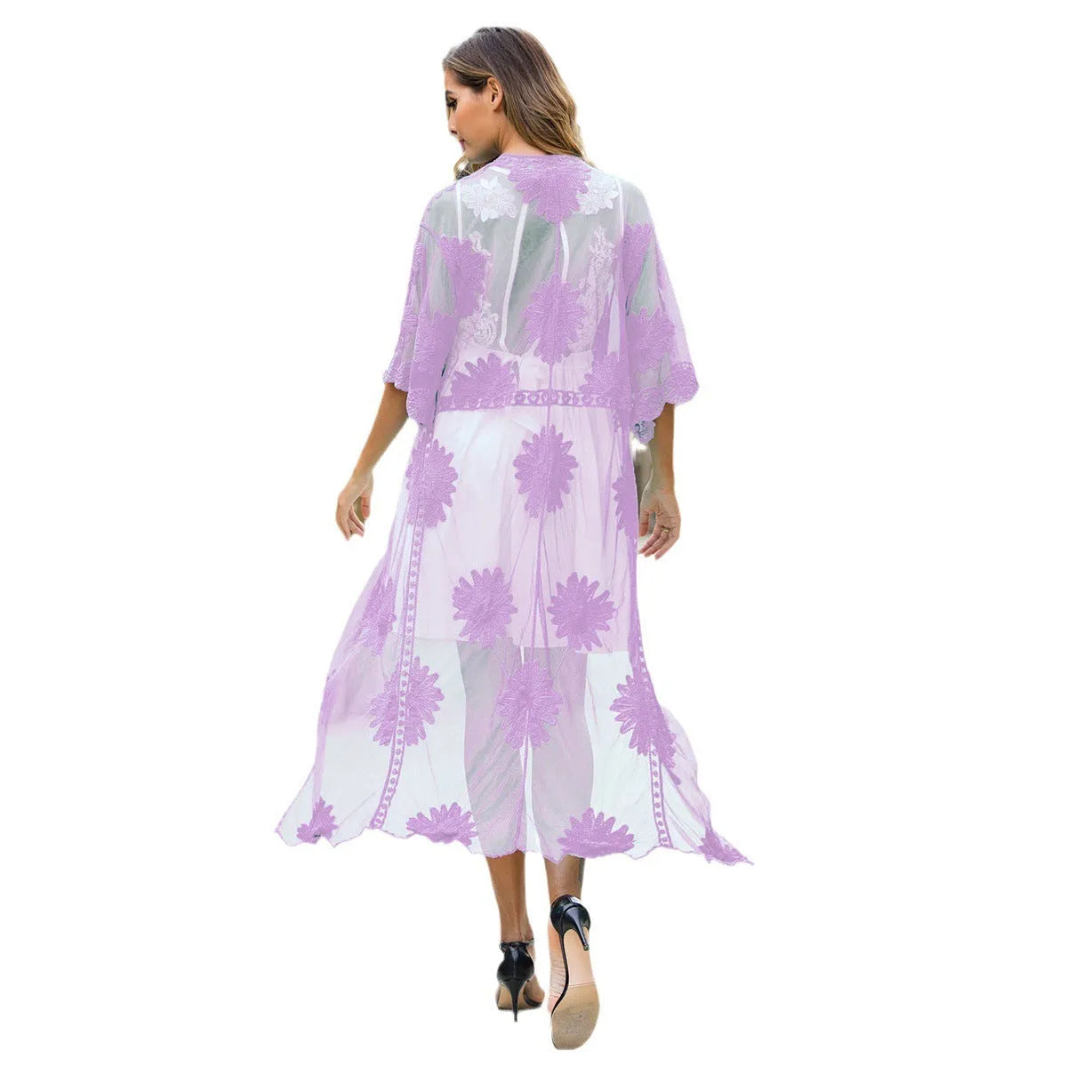Light purple cotton-polyester beach dress cardigan with lace embroidery trim for swimming cover-up