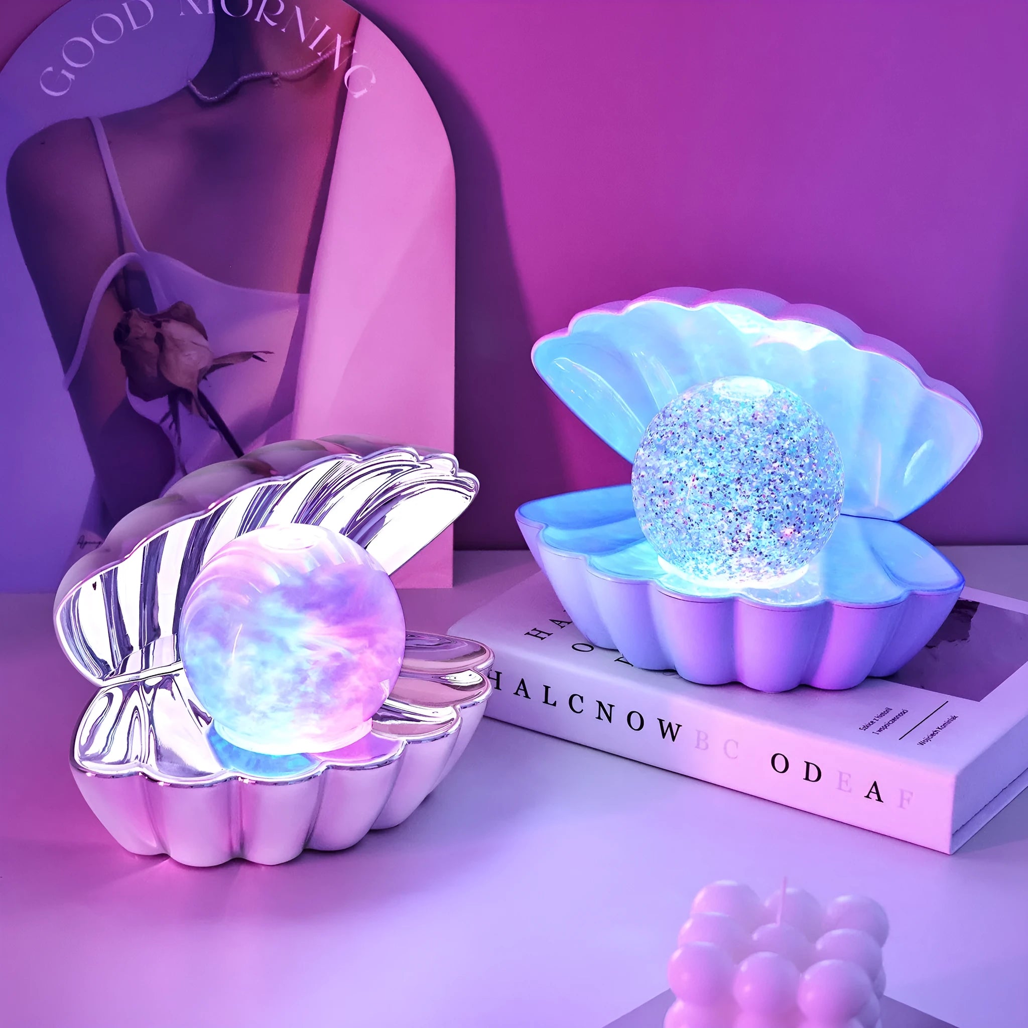 Shell-shaped decorative night lamp with neon ambience lighting in three colour variations