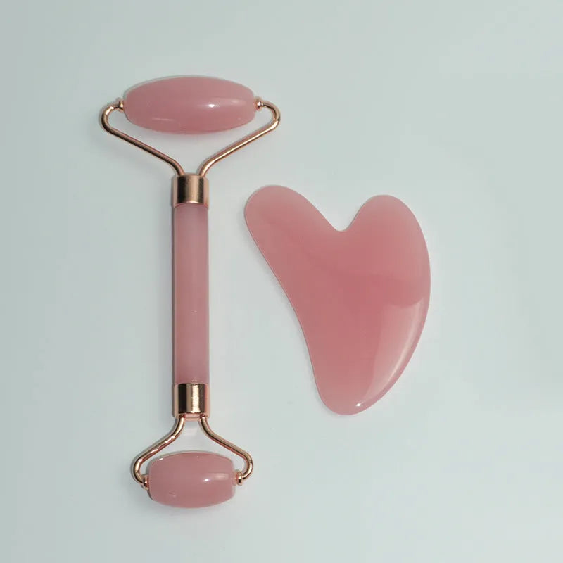 Stainless steel facial massage set with double-headed roller and heart-shaped scraping plate