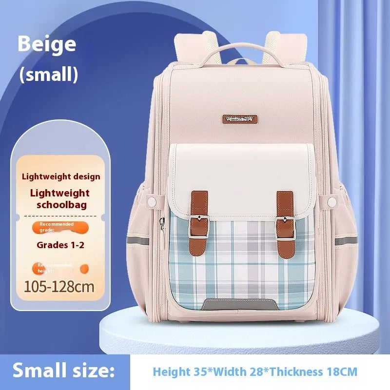 Oxford cloth school backpack for grades 5-6 students in beige colour.