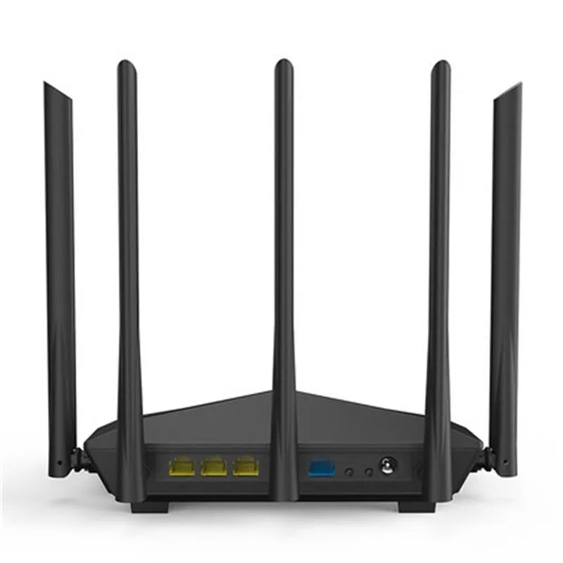 Black AC11 wireless router with four gigabit ports for high-speed broadband.