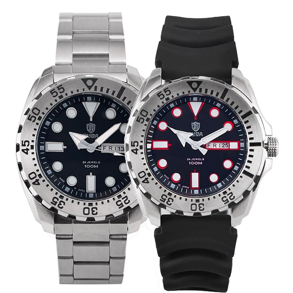 Men's waterproof luminous quartz watch with blue case and steel strap showing sporty 15mm design