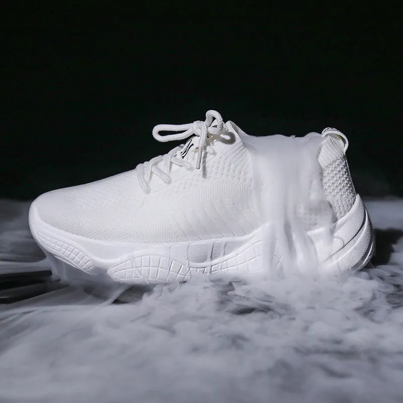 Women's white thick-soled woven sports shoes with a front strap and round toe