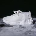 Women's white thick-soled woven sports shoes with a front strap and round toe