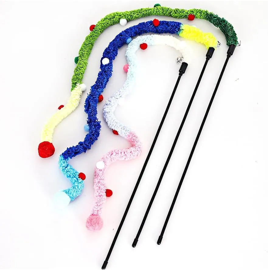 Interactive cat wand toy with blue plush strip, colourful fluffy ball and bell on 41cm pole