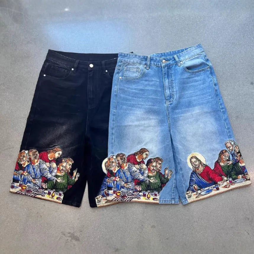 Men's blue cotton shorts with Jesus print on back pocket showing tapered leg fit