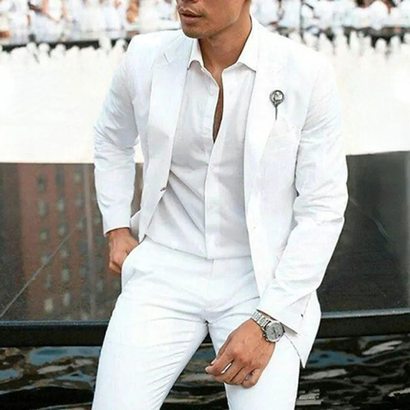 Men's white slim fit two-piece wedding suit set for spring ceremonies