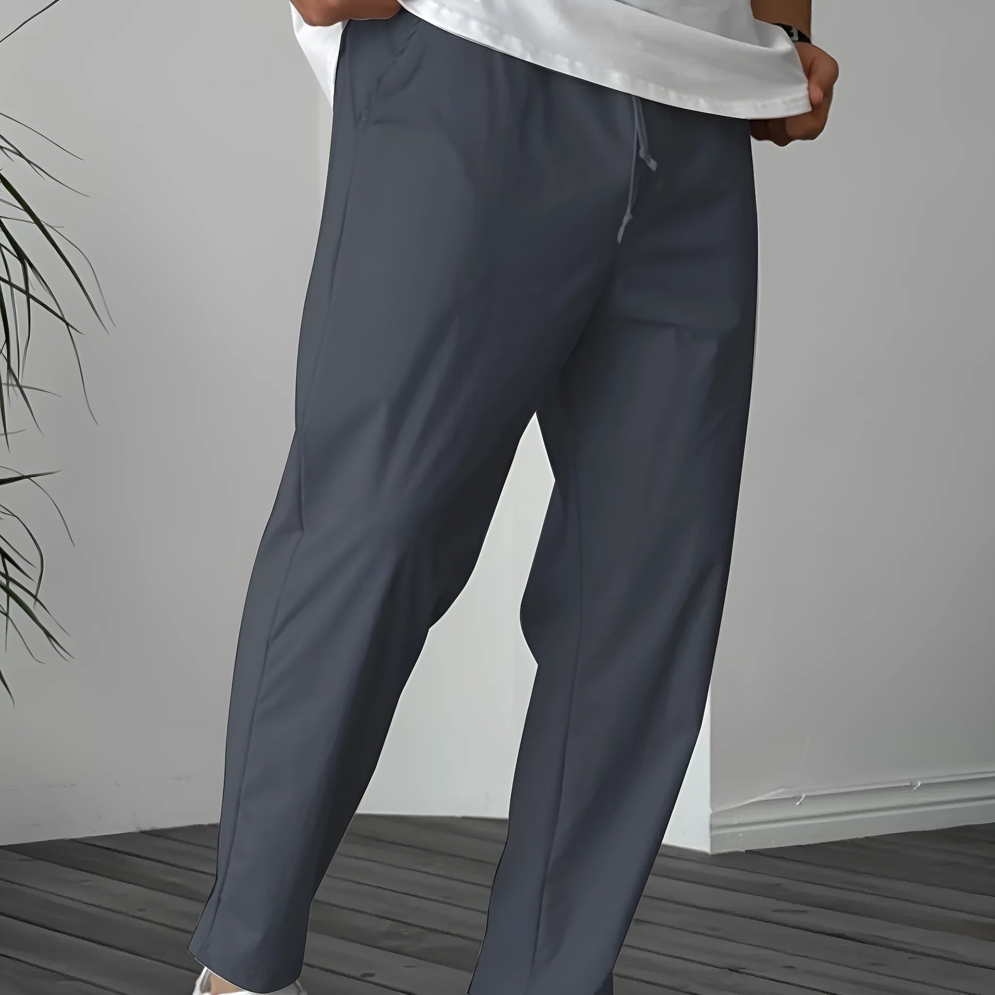 Men's khaki bamboo fibre drawstring trousers with straight leg and ribbon pocket