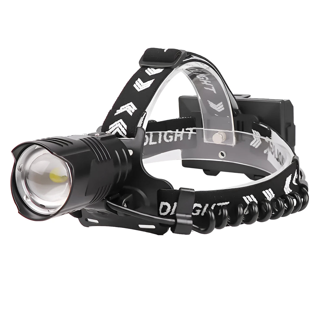Black USB rechargeable aluminium alloy headlight with telescopic zoom lens and power display.
