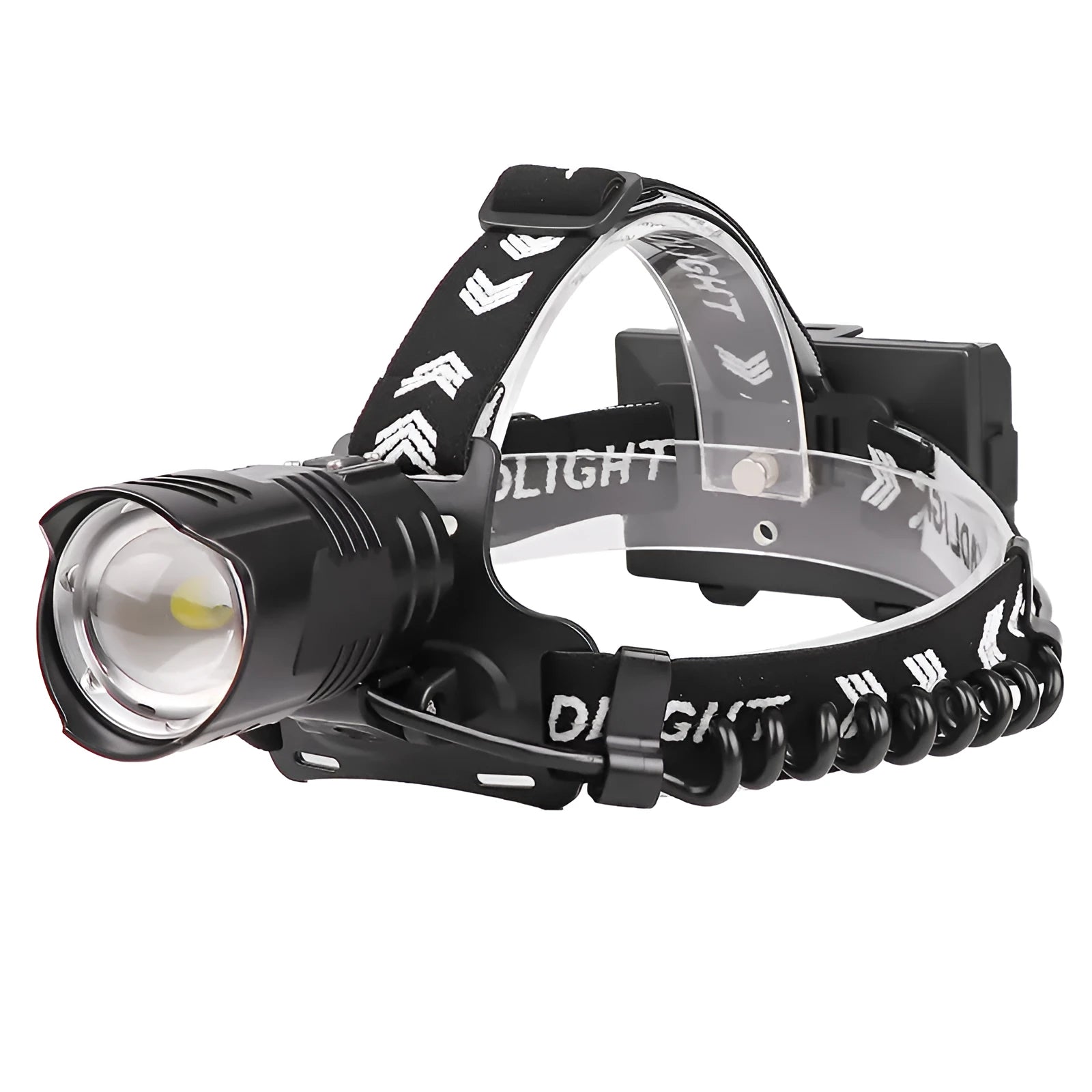 Black USB rechargeable aluminium alloy headlight with telescopic zoom lens and power display.