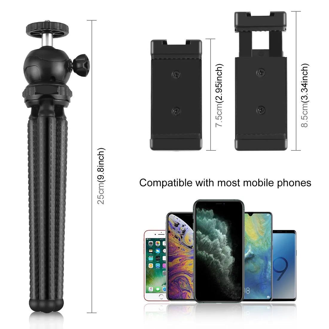 Black Octopus Yripod live broadcast kit with flexible legs, ballhead, and fill light microphone for iPhone.