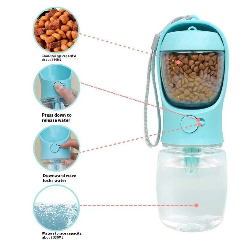 Portable dual-use dog water cup in blue, available in 350ml and 550ml sizes for walks.