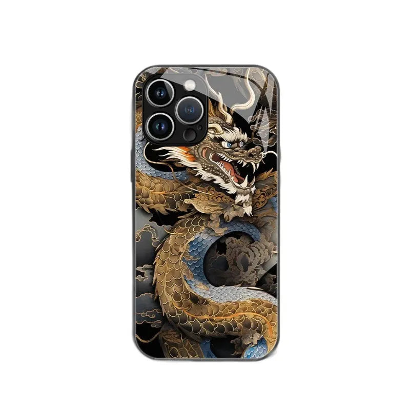 Graphite Black glass hard phone case with painted Chinese dragon design for Apple iPhone