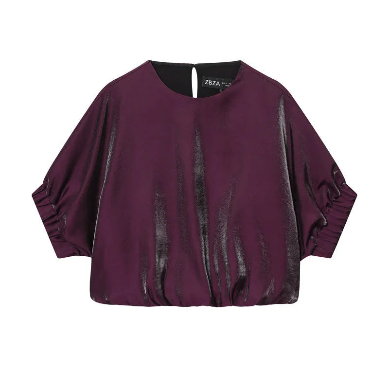 Women's balloon top with belt slacks suit in solid colour, blending polyester fabric