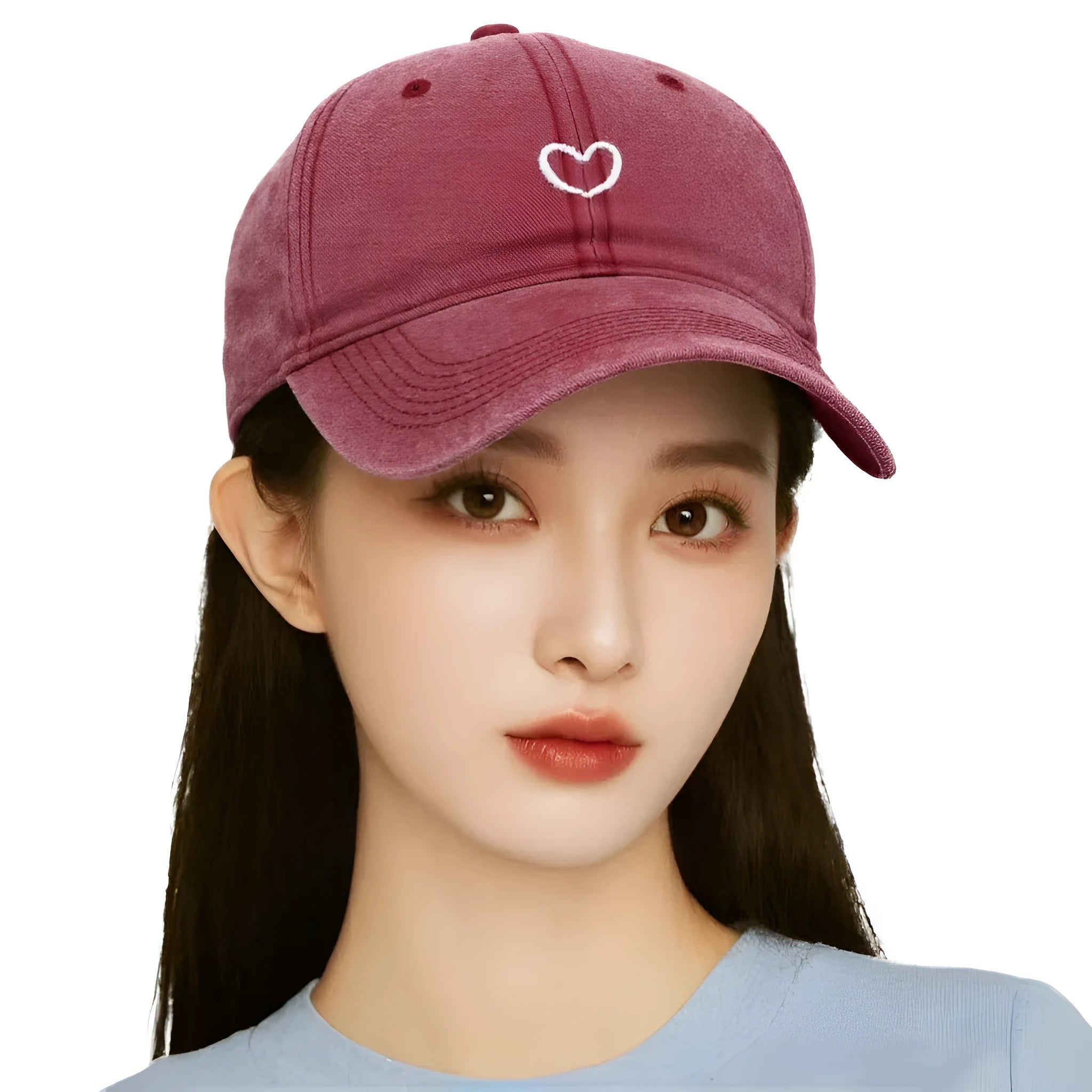 Retro style baseball cap with small love embroidery on cotton fabric in an adjustable dome crown design.