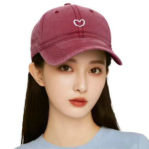 Retro style baseball cap with small love embroidery on cotton fabric in an adjustable dome crown design.