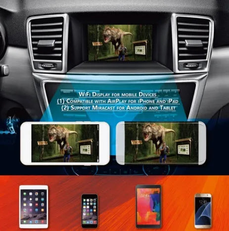 Black car Wi-Fi mirror link box with power cable, antenna, AV cable, and user manual for smartphone screen mirroring.