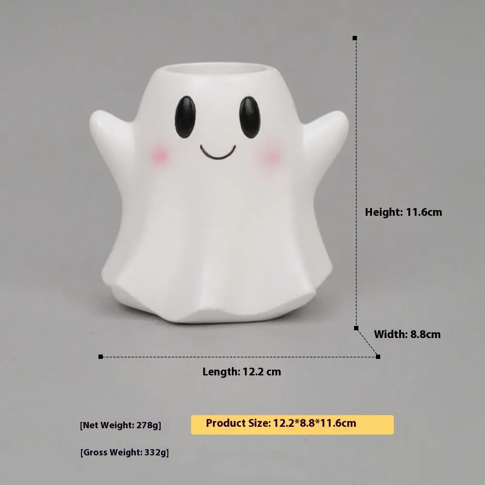 Hand-painted Halloween resin flower pot decorations showing Bandage Zombie, White Ghost, Frankenstein and Death designs.