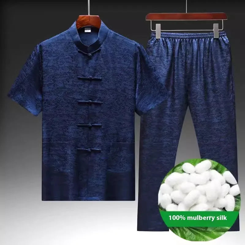 Men's Chinese Tang suit in mulberry silk showing traditional styling