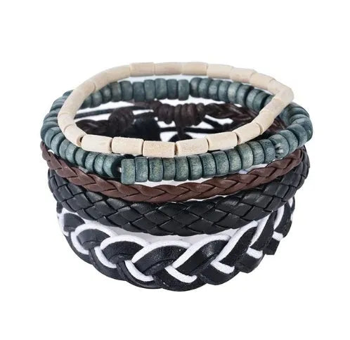 Handmade leather wrap bracelet with wooden beads and adjustable closure for men and women