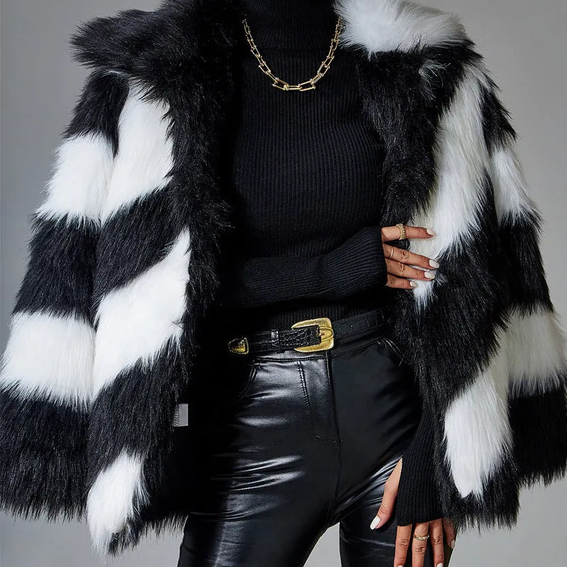 Women's faux fur coat with contrast lapels and fur collar in picture colour