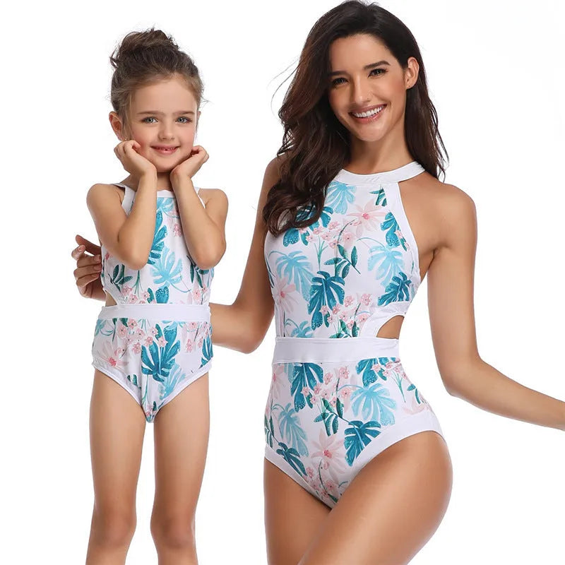 Women kids swimsuit Japanese floral pattern nylon blue two-piece for swimming wading